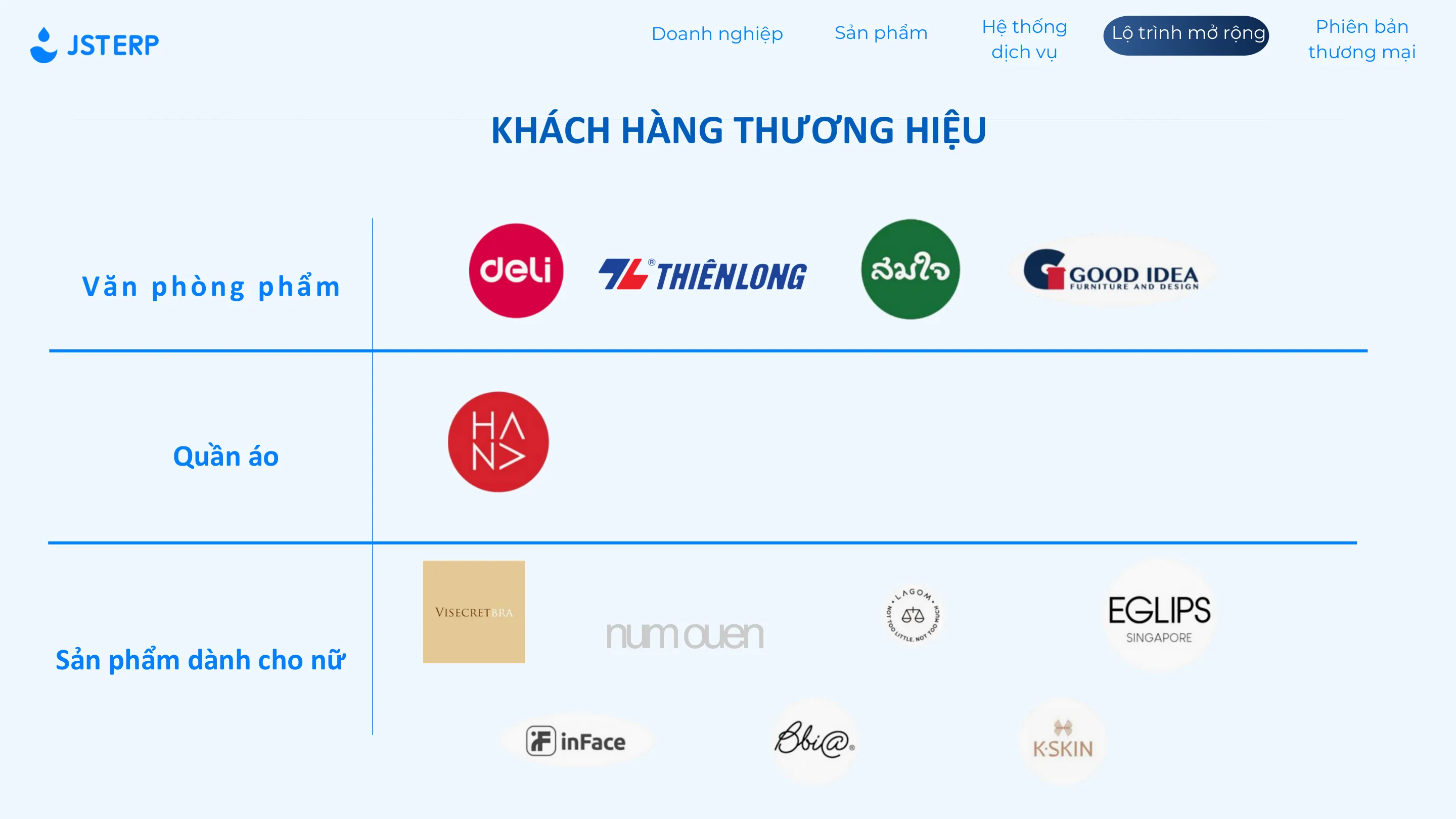 Nhóm logo khách hàng JST ERP trong tài liệu giới thiệu - tiêu dùng, thời trang, mỹ phẩm và văn phòng phẩm