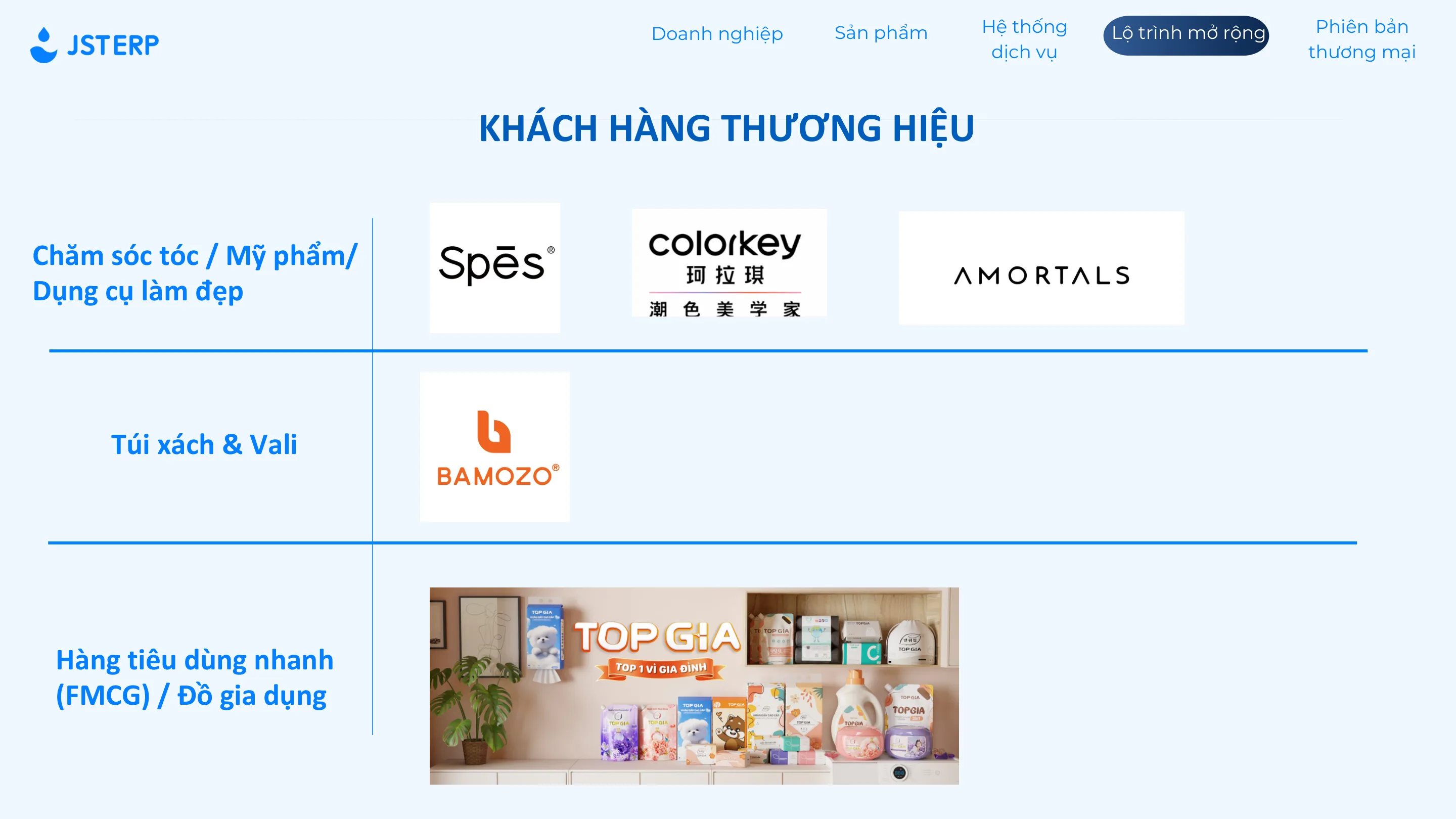 Nhóm logo khách hàng JST ERP trong tài liệu giới thiệu - điện tử, FMCG, đồ gia dụng và ngành hàng tổng hợp