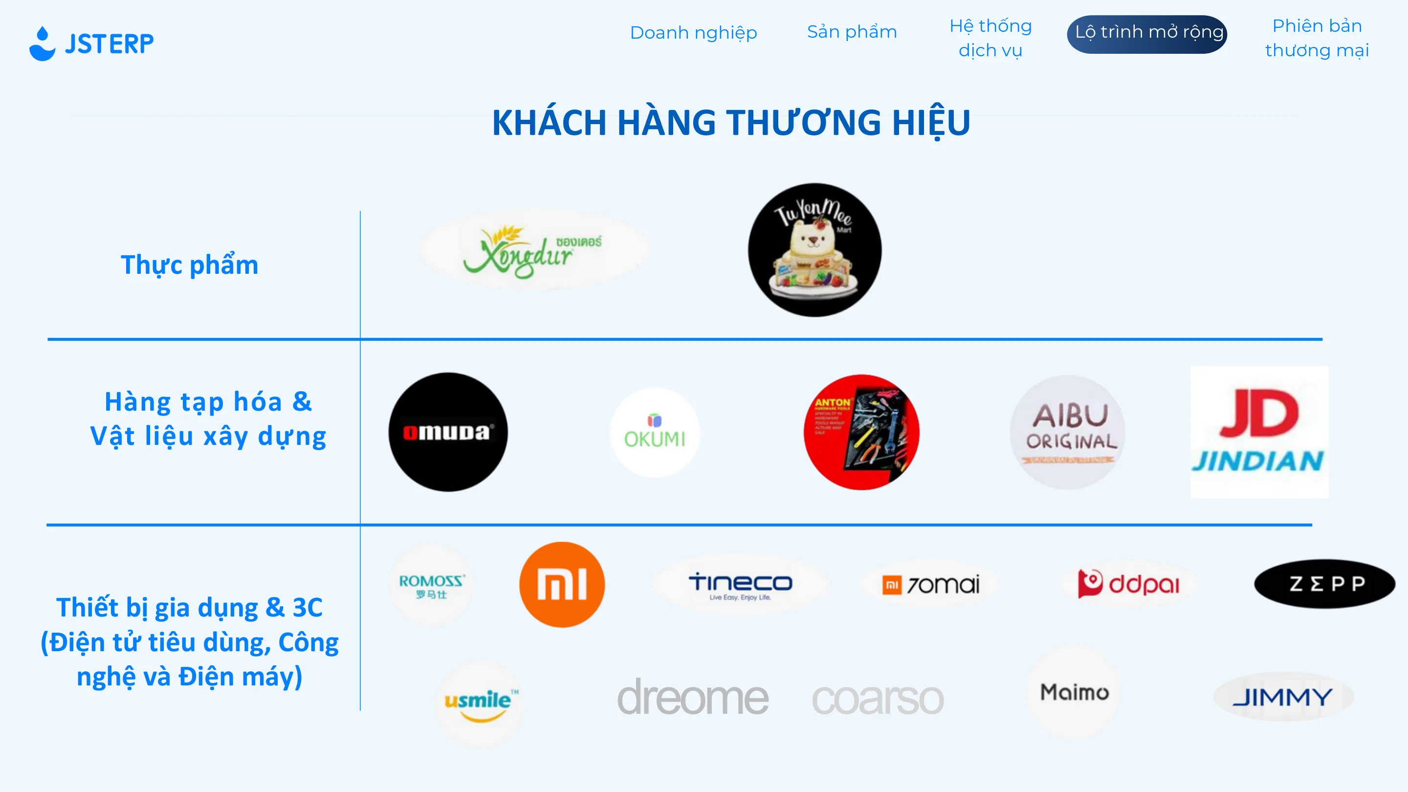 Nhóm logo case study JST ERP trong tài liệu giới thiệu theo nhiều ngành hàng